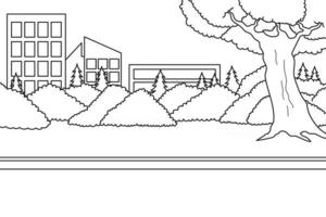 Views of The City Park With Tracks for Jogging and Cycling. Black and White Background. Coloring Book Illustration. Vector