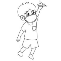 Children illustration,boy  play and throwing paper plane in the class.Using mask and healthy protocol.kids coloring page illustration. vector