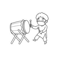 Curly Boy Character Play Mosque Drum and Wearing a Face Mask. Vector. Coloring Book. vector