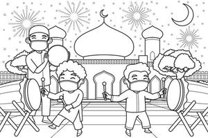 The Ustad and Children Playing Drum and Tambourine in The Courtyard of The Mosque Wearing Face Masks. Vector Illustration. Coloring Book Illustration.