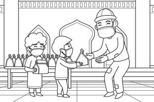 Day of Shadaqah Distribution by Children to Poor People in the Courtyard of a Mosque. Vector. Coloring Book. vector