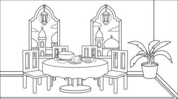 familia musulmana de fondo religiosa en el comedor mientras que la fiesta de iftar y mucha comida. musulmán de linterna ramadán con plantas decorativas. ilustración musulmana de fondo.