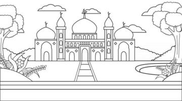 Background muslim religious green mosque and nature with plant wood and flower.Background muslim illustration.