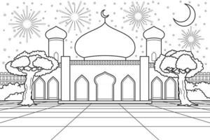 Mosque Courtyard With Moonlight And Fireworks on Background. Vector Illustration. Coloring Book Illustration.