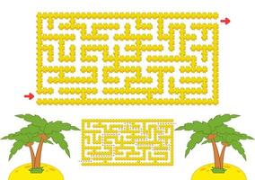 Color rectangular maze. Yellow beach with palm trees in cartoon style. Game for kids. Puzzle for children. Labyrinth conundrum. Flat vector illustration isolated on white background. With the answer.