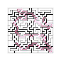 Black square maze with entrance and exit. An interesting and useful game for children. Simple flat vector illustration isolated on white background. With the answer.