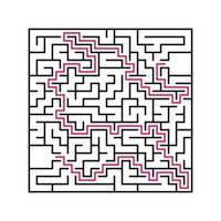 Black square maze with entrance and exit. An interesting and useful game for children. Simple flat vector illustration isolated on white background. With the answer.