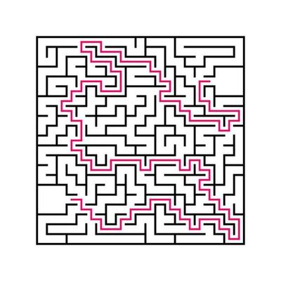 Black square maze with entrance and exit. An interesting and useful game for children. Simple flat vector illustration isolated on white background. With the answer.