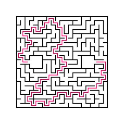 Black square maze with entrance and exit. An interesting and useful game for children. Simple flat vector illustration isolated on white background. With the answer.