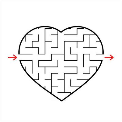 Abstract heart shaped labyrinth. Game for kids. Puzzle for children. One entrances, one exit. Maze conundrum. Simple flat vector illustration isolated on white background.