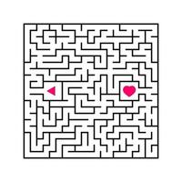 Abstract square maze. An interesting and useful game for children. Find the path from arrow to heart. Simple flat vector illustration isolated on white background.