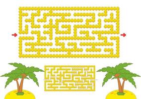 Color rectangular maze. Yellow beach with palm trees in cartoon style. Game for kids. Puzzle for children. Labyrinth conundrum. Flat vector illustration isolated on white background. With the answer.