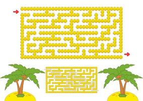 Color rectangular maze. Yellow beach with palm trees in cartoon style. Game for kids. Puzzle for children. Labyrinth conundrum. Flat vector illustration isolated on white background. With the answer.