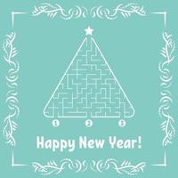 New Year greeting card with a triangular labyrinth. Find the right path to the star. Game for kids. Christmas tree. Maze conundrum. Vector illustration. With frame in vintage style.