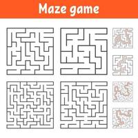 A set of square mazes of various levels of difficulty. Puzzle for children. One entrances, one exit. Labyrinth conundrum. Flat vector illustration isolated on white background. With answer.