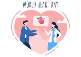 Ilustración del día mundial del corazón para concienciar a las personas sobre la importancia de la salud, el cuidado y la prevención de diversas enfermedades. vector