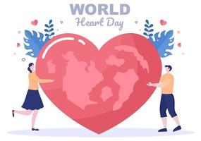 Ilustración del día mundial del corazón para concienciar a las personas sobre la importancia de la salud, el cuidado y la prevención de diversas enfermedades. vector