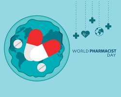 día mundial del farmacéutico mapa del círculo vector de drogas
