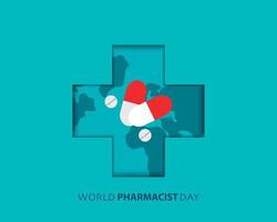 día mundial del farmacéutico con drogas y vector de mapa
