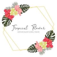 watercolor tropical hibiscus flower rustic frame with monstera vector