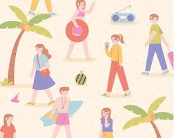 gente caminando por la playa de arena con palmeras. Ilustración de vector mínimo de estilo de diseño plano.