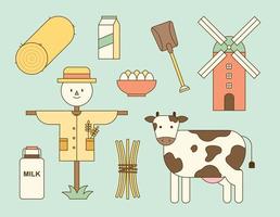 Rural farm objects. Scarecrows made from rice huts and milk from cows. outline simple vector illustration.