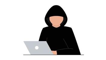 Hacker attack. Fraud with user data on social networks. Internet phishing, hacked password. Cybercrime and crime. A thief on a website online on the internet. The criminal behind a laptop, computer. vector