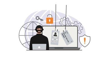 Hacker attack. Fraud with user data on social networks. Credit or debit card theft. Internet phishing, hacked username and password. Cybercrime and crime. A thief on a website online on the internet. vector