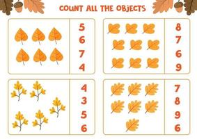 Educational worksheet for preschool kids. Count all the leaves. Math game