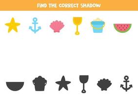 Find the correct shadows of summer items. Logical puzzle for kids. vector