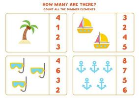 Counting game with cartoon summer elements. Math worksheet. vector