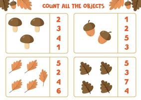 Educational worksheet for children. Count all the objects. Math game for kids. Autumn set. vector