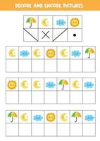 Decode and encode pictures. Write the symbols under cute weather elements. vector
