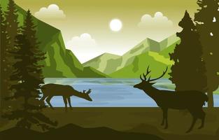 Peaceful Mountain Lake Deer Pine Trees Nature Landscape Illustration vector