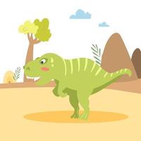 Cartoon cute tyrannosaurus on the background of nature. Vector illustration for baby design