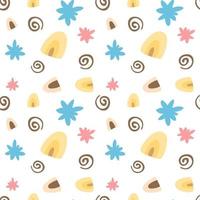 Seamless pattern with cute simple flowers and decorative elements on white background. Vector endless texture in childish style