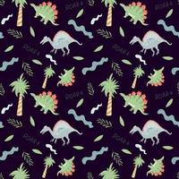 Seamless pattern with cute dinosaurs and trees on a dark background. Vector endless texture with cartoon style for childish design