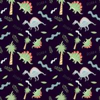 Seamless pattern with cute dinosaurs and trees on a dark background. Vector endless texture with cartoon style for childish design