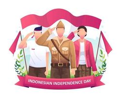 héroes y mujeres saludan a la bandera en celebración del día de la independencia de indonesia el 17 de agosto. ilustración vectorial vector