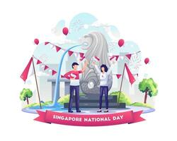 una pareja feliz celebrando el día de la independencia de singapur el 9 de agosto frente a una estatua de león. ilustración vectorial vector