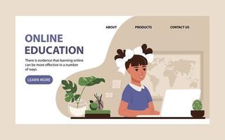 Online education for children landing page. Schoolgirl studies vector