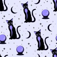 patrón sin costuras con un gato negro y una bola mágica púrpura