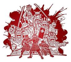 Group of Samurai Warrior with Weapons Action Graffiti vector