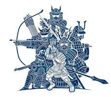 silueta, grupo, de, samurai, guerrero, con, armas, acción vector