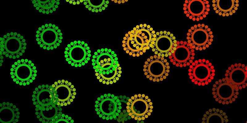 Dark green, yellow vector pattern with coronavirus elements.