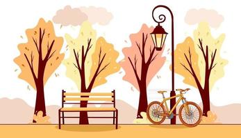 paisaje de otoño. antecedentes. parque de la ciudad. banco del parque, linterna, bicicleta. vector