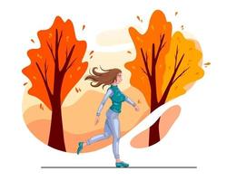 fondo de otoño. la niña corre contra el fondo del parque de otoño. vector