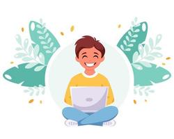 Boy studying with computer. Online learning, back to school concept. vector