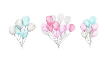 Watercolor air balloons. Pack of party pink, blue, white balloons. vector