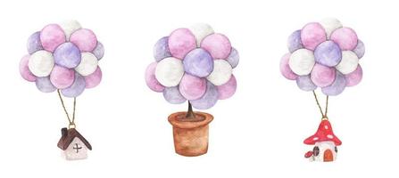 Set of House hanging with colorful balloon and tree in pot. Watercolor illustrations. vector